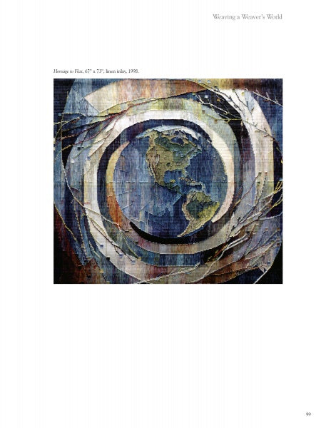 Weaving a Chronicle" by Schiffer Publishing, Ltd. is a textile artwork showing the Earth with North and South America, surrounded by blue, brown, and white swirling patterns, created using tapestry weaving techniques.