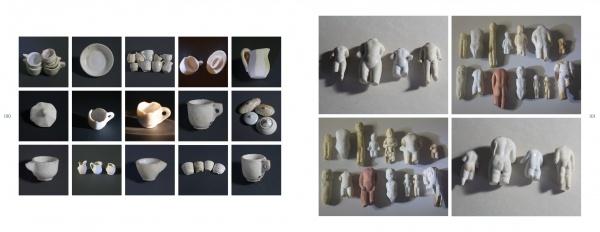 A grid of photos from "Lost and Found" by Schiffer Publishing, Ltd. features white ceramic tableware and clay animal figurines, evoking coastal New England art and the creative energy of the Provincetown art colony.