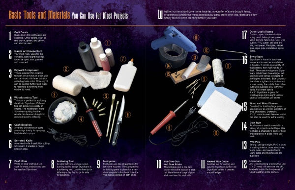 A double-page spread from "Best of How to Haunt Your House: 10 New Projects" by Schiffer Publishing, Ltd. features 17 key tools and materials—such as bottles, brushes, a glue gun, foam sheets, and paints—all described for spooky crafting projects.