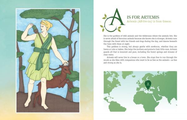 This page from "Goddesses from A to Z" by Schiffer Publishing, Ltd. features Artemis in a green tunic with a bow, standing by a deer in a forest, plus facts about her, a Greece map, and the letter A.