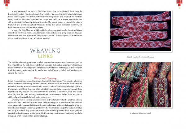 A book spread from "Weaving Patterned Bands" by Schiffer Publishing, Ltd. displays text on weaving links and photos of Estonian-Finnish and colorful Estonian bands, celebrating Baltic craft traditions.