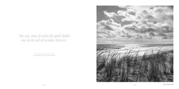 East Coast Atlantic Beaches" by Schiffer Publishing, Ltd. features a striking black-and-white seascape with tall grasses before ocean waves under a cloudy sky, plus the quote: “The sea, once it casts its spell, holds one in its net of wonder forever.”.