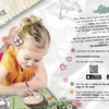 A young girl in a yellow shirt uses a tablet and paper cutouts to interact with "They Turned Me Down!" by Schiffer Publishing, Ltd., an AR book featuring playful art, flowers, QR codes, and app instructions on the colorful pages.