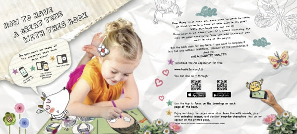 A young girl in a yellow shirt uses a tablet and paper cutouts to interact with "They Turned Me Down!" by Schiffer Publishing, Ltd., an AR book featuring playful art, flowers, QR codes, and app instructions on the colorful pages.