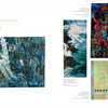 A two-page art gallery spread in Schiffer Publishing, Ltd.'s "New Directions" features four contemporary art quilts: a blue-toned figure outdoors, an abstract blue landscape, a vivid swirling serpent, and minimalist pale plant panels.
