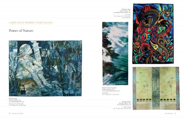 A two-page art gallery spread in Schiffer Publishing, Ltd.'s "New Directions" features four contemporary art quilts: a blue-toned figure outdoors, an abstract blue landscape, a vivid swirling serpent, and minimalist pale plant panels.
