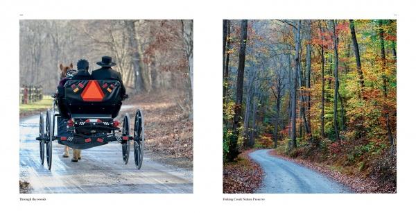Side-by-side photos from "Lancaster County: A Keepsake" by Schiffer Publishing, Ltd.: left—two people in a horse-drawn buggy on a tree-lined road; right—a winding forest road amid tall, colorful autumn trees.