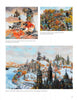 Contemporary Painters by Schiffer Publishing, Ltd. features three storybook-style artworks: goldfish over a castle, birds in an autumn city, and a snow-covered pastel town—ideal for art collectors and painting enthusiasts.