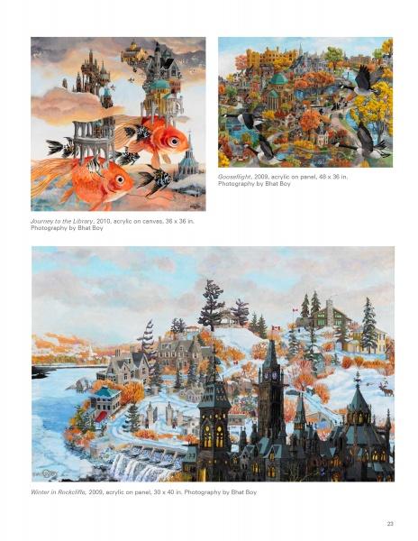 Contemporary Painters by Schiffer Publishing, Ltd. features three storybook-style artworks: goldfish over a castle, birds in an autumn city, and a snow-covered pastel town—ideal for art collectors and painting enthusiasts.