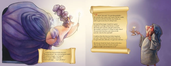An illustrated spread from "If the Shoe Fits" by Schiffer Publishing, Ltd. shows a gray-haired fairy godmother in a purple dress with a wand on the left, and a hooded figure with a candle on the right, with scrolls of children's book text.