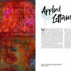 A vibrant, textured red-orange background with layered, stenciled letters fills the left page; the right shows "Chapter One: Applied Lettering" in bold, inspirational word art above a two-column intro in The Painted Word by Schiffer Publishing, Ltd.