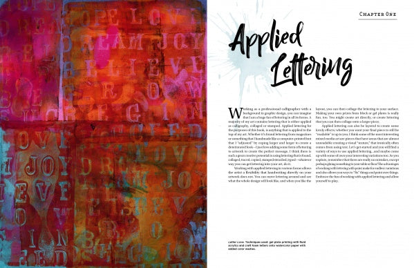 A vibrant, textured red-orange background with layered, stenciled letters fills the left page; the right shows "Chapter One: Applied Lettering" in bold, inspirational word art above a two-column intro in The Painted Word by Schiffer Publishing, Ltd.