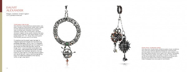 A magazine spread in Art Jewelry Today 4 by Schiffer Publishing, Ltd. displays two intricate contemporary jewelry pieces on white with text about international jewelry artist Dauvit Alexander and his ornate creations featured on the right.