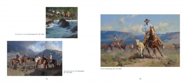 Western Art of the Twenty-First Century" by Schiffer Publishing, Ltd. features three western-themed paintings depicting cowboys herding cattle across rugged landscapes beneath diverse skies, capturing the legacy of the American West.