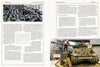 A two-page spread from "For Want of a Gun" by Schiffer Publishing, Ltd.: the left page shows a black-and-white warehouse of WWII tanks; the right displays a color photo of a Sherman tank with mannequin soldier in a museum.