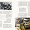 A two-page spread from "For Want of a Gun" by Schiffer Publishing, Ltd.: the left page shows a black-and-white warehouse of WWII tanks; the right displays a color photo of a Sherman tank with mannequin soldier in a museum.