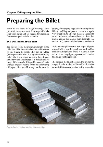 A stack of shiny rectangular billets, perfect for blacksmithing or forging Damascus Steel by Schiffer Publishing, Ltd., rests on a flat table. Above the slightly staggered pile, black-and-white text discusses preparing billets.