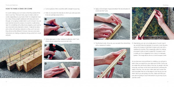 A step-by-step photo guide from Schiffer Publishing, Ltd.'s Marbling shows how to make a rake or comb—essential for marbling—using simple tools and covering measuring, marking, gluing, nailing, and sanding.