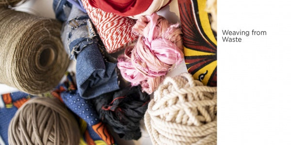 Close-up of colorful recycled materials like fabric scraps, twine, and rope arranged on a white surface with "Weaving" by Schiffer Publishing, Ltd. on the right, highlighting sustainable weaving practices.
