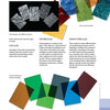 A catalog page from Schiffer Publishing, Ltd. displays rectangular leaded glass samples in different textures and colors, shown individually and overlapped, with brief descriptions of the leaded glass varieties available.