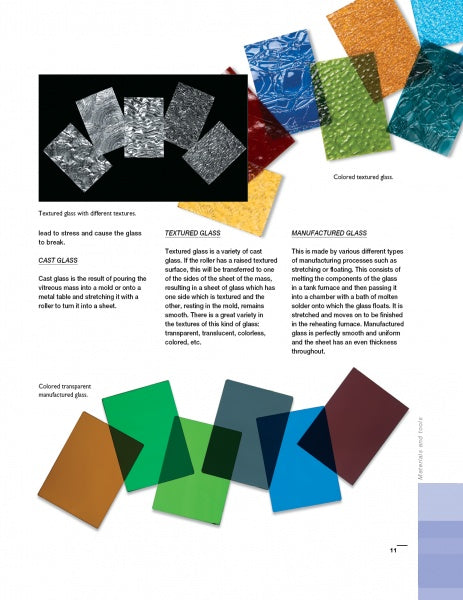 A catalog page from Schiffer Publishing, Ltd. displays rectangular leaded glass samples in different textures and colors, shown individually and overlapped, with brief descriptions of the leaded glass varieties available.