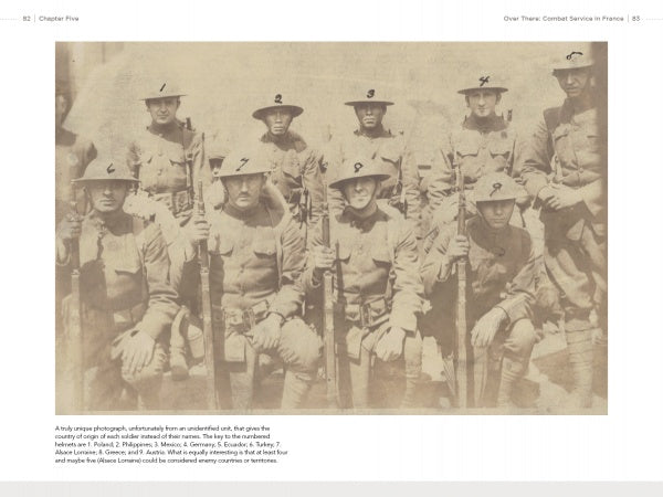 A sepia-toned vintage photo, featured in Forgotten Soldiers of World War I by Schiffer Publishing, Ltd., shows America’s foreign-born soldiers posing with rifles outdoors during WWI.