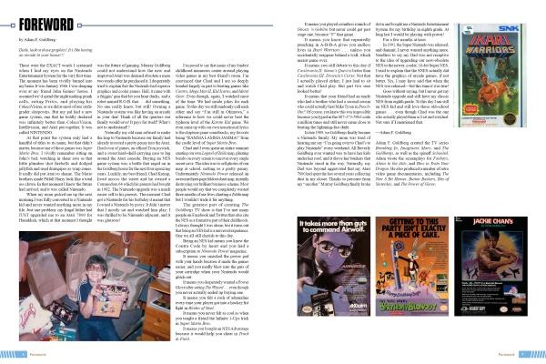 A two-page spread in The NES Omnibus by Schiffer Publishing, Ltd. features a Foreword heading, a photo of a smiling child with NES games on the left, and retro ads plus a Nintendo Entertainment System game box on the right.