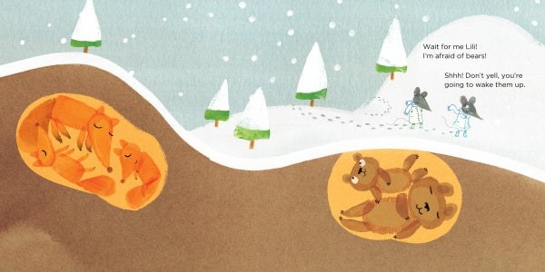 From Lili's Seasons by Schiffer Publishing, Ltd.: Two foxes and two bears sleep in cozy burrows while two children in winter clothes walk above—a gentle picture book for ages 4-8, perfect for learning about animals and seasons in winter.