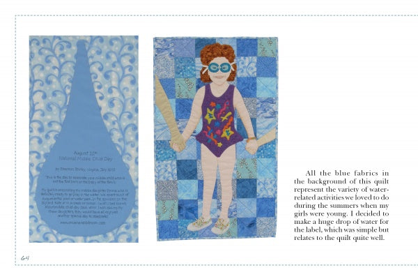 Let’s Get Creative With Quilt Labels by Schiffer Publishing, Ltd. shows a girl in a swimsuit with goggles and pool noodles on a blue patchwork quilt. Hand-embroidered labels appear inside a water droplet, framed by wave borders.