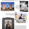 A Schiffer Publishing, Ltd. magazine page on Long Branch, New Jersey features a photo collage of outdoor religious statues and mosaics, with captions detailing their history, renovations, and local connections.