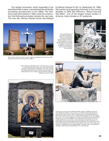 A Schiffer Publishing, Ltd. magazine page on Long Branch, New Jersey features a photo collage of outdoor religious statues and mosaics, with captions detailing their history, renovations, and local connections.
