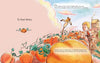 A vibrant illustration inspired by "The Bravest Knight Who Ever Lived" by Schiffer Publishing, Ltd. shows a boy on a wooden fence at a pumpkin farm with big pumpkins, a scarecrow, and a house under a blue-pink fairytale sky.