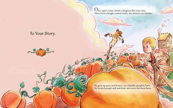 A vibrant illustration inspired by "The Bravest Knight Who Ever Lived" by Schiffer Publishing, Ltd. shows a boy on a wooden fence at a pumpkin farm with big pumpkins, a scarecrow, and a house under a blue-pink fairytale sky.