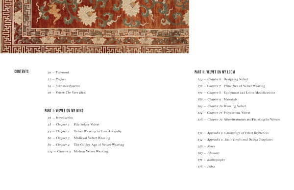 The book "Velvet on My Mind, Velvet on My Loom" by Schiffer Publishing, Ltd. presents a table of contents featuring chapters on velvet weaving and textile history, plus handweaving techniques and textile patterns with floral and geometric designs.