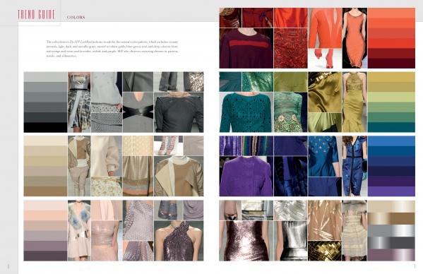 The SFP LookBook: Mercedes-Benz Fashion Week Fall/Winter 2014 Collections by Schiffer Publishing, Ltd. features color palettes and fabric swatches in a grid layout with photos of red, blue, green, gold, silver, and purple clothing items.