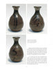 Three photos of "The Golden Age of Karatsu Stoneware" from Schiffer Publishing, Ltd. highlight a brown-glazed bottle with a narrow neck and moon-shaped patterns, shown from various angles against a plain background with descriptive text.