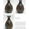 Three photos of "The Golden Age of Karatsu Stoneware" from Schiffer Publishing, Ltd. highlight a brown-glazed bottle with a narrow neck and moon-shaped patterns, shown from various angles against a plain background with descriptive text.