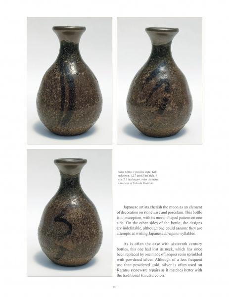 Three photos of "The Golden Age of Karatsu Stoneware" from Schiffer Publishing, Ltd. highlight a brown-glazed bottle with a narrow neck and moon-shaped patterns, shown from various angles against a plain background with descriptive text.