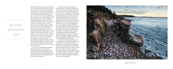 A rocky shoreline meets calm ocean waters at Acadia National Park in Schiffer Publishing, Ltd.'s "Embracing Light." Large rock formations rise at right, with pebbles and stones on Mount Desert Island; text appears on the left page.