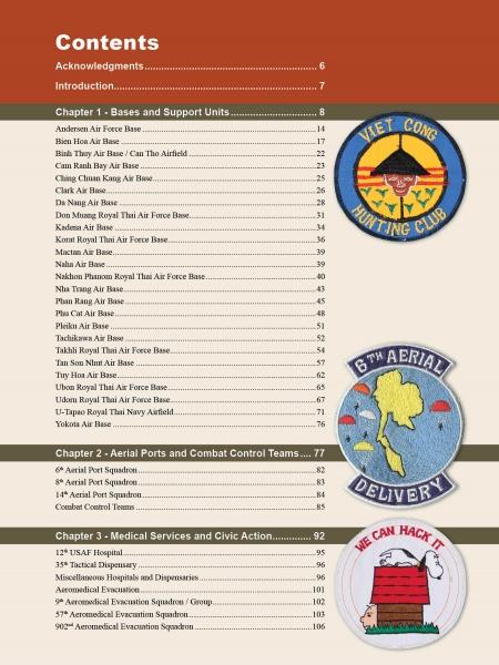 The table of contents in Yankee Air Pirates by Schiffer Publishing, Ltd. covers air force bases, aerial ports, medical services, and civic action, plus three colorful embroidered patches—ideal for USAF Vietnam War militaria collectors.