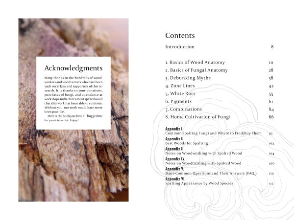 In Schiffer Publishing, Ltd.'s "Spalting 101," the left page shows an acknowledgment over textured wood, while the right displays a table of contents with topics like wood and fungal anatomy, DIY spalting, and appendices on a subtle wood grain background.