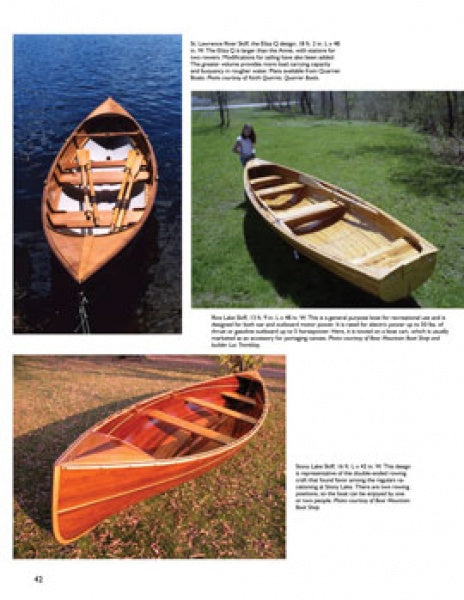 A page from Schiffer Publishing, Ltd.’s "Woodstrip Rowing Craft" shows three overhead or angled photos of wooden rowboats on grass or by water, each accompanied by descriptive text.