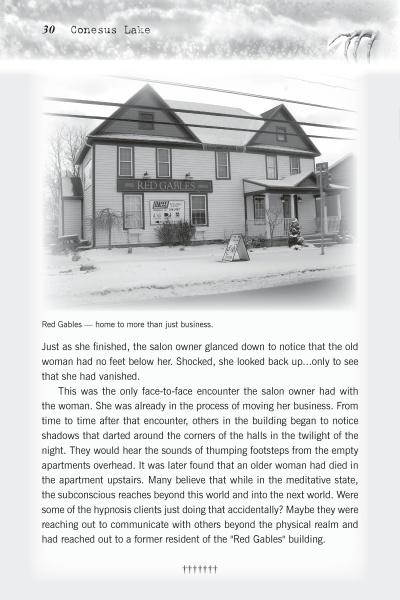 A sepia-toned book page from "Haunted Finger Lakes" by Schiffer Publishing, Ltd. shows a house labeled RED GABLES and tells of a salon owner's eerie encounter with a mysterious old woman who vanishes without a trace.