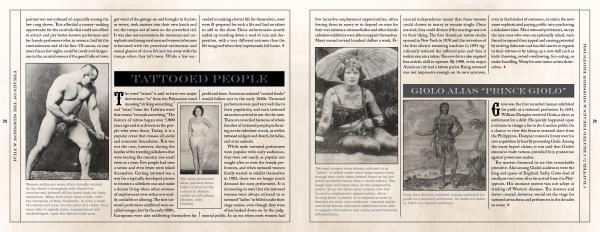 The book "Freaks of Sideshow and Film" from Schiffer Publishing, Ltd. features vintage black-and-white photos of tattooed performers like “Prince Giolo” and explores circus history with multi-column layouts and section headers.