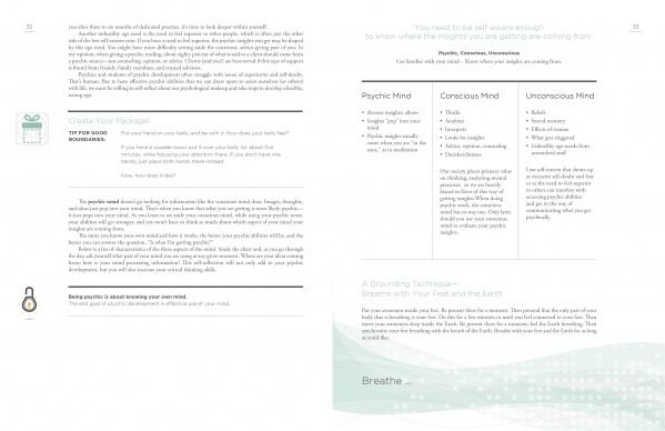 Two pages from The Psychic Workbook by Schiffer Publishing, Ltd. show text columns, a chart on psychic, conscious, and unconscious minds for awareness, a grounding technique, and a tip box with a gift icon, all with light green wave accents.