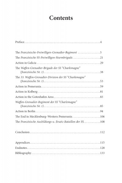 The table of contents for Schiffer Publishing, Ltd.’s *French Units in the Waffen-SS* lists the Preface, chapters on the Charlemagne Division’s WWII actions, Conclusion, Appendices, Endnotes, and Bibliography with page numbers.