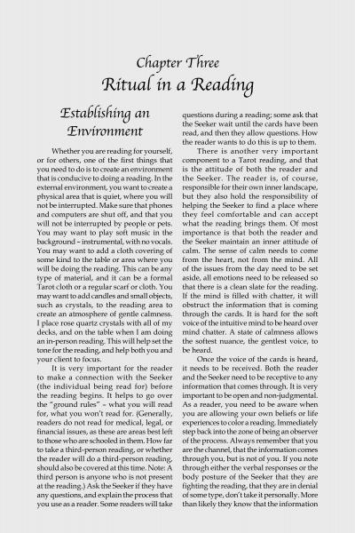 The book "Tarot, Rituals & You" by Schiffer Publishing, Ltd. features Chapter Three, which guides readers in creating the ideal setting, gathering tools, and fostering the reader-seeker connection for a Tarot ritual.