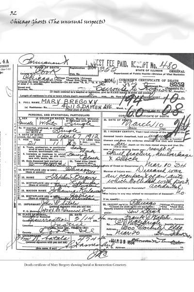 A scanned death certificate of Mary Bregovy, featured in "Chicago's Haunt Detective" by Schiffer Publishing, Ltd., details her personal info, cause of death, burial at Resurrection Cemetery, and includes official stamps and signatures.