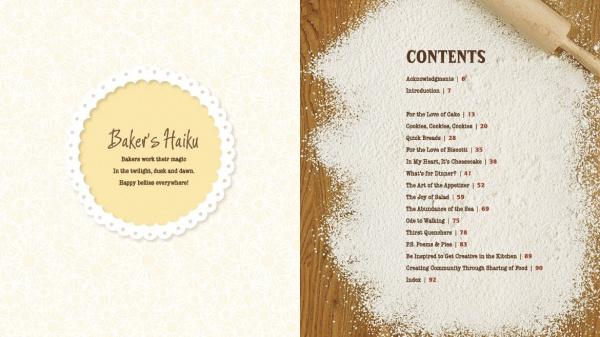 A cookbook spread from "Meet Me in My Cape Cod Kitchen" by Schiffer Publishing, Ltd. features a Bakers Haiku and table of contents amid flour and a rolling pin—perfect inspiration for seaside recipes.