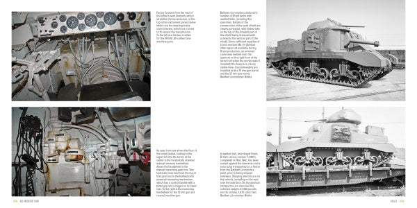 A book spread from Schiffer Publishing, Ltd.’s "M3 Medium Tank" shows interior control panels and wiring on the left page, with black-and-white photos of the WWII tank from two angles and explanatory columns on the right.